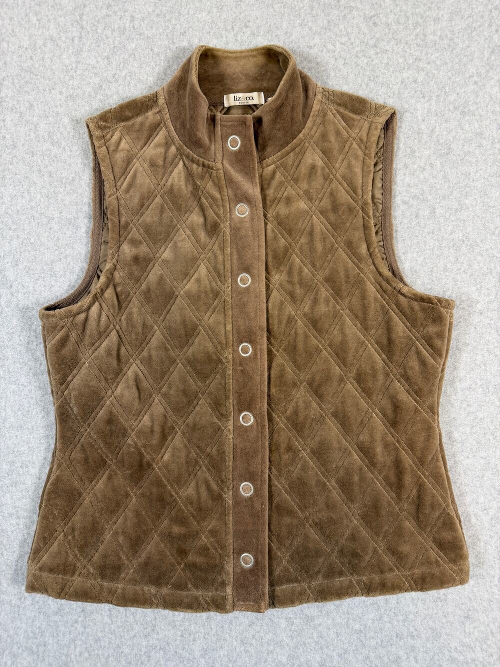 Liz & Co Quilted Vest Petite Small Tan Velour Snap-Front Fall Lightweight Luxe